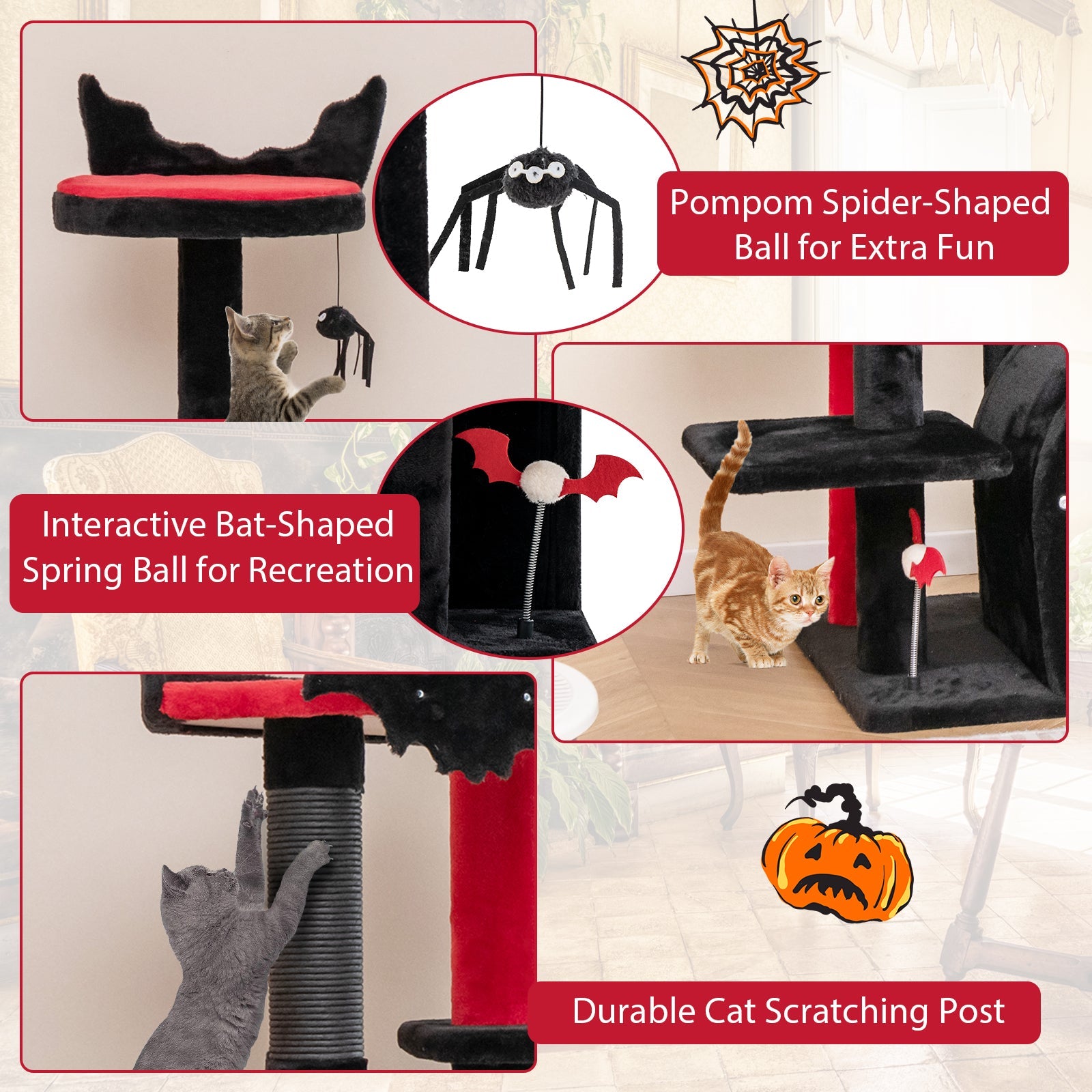 Gothic 53" Tree Tower with Arch-Shaped Condo and Pom Pom Toy Spider - Cat - (Black) - (Wide Perch)