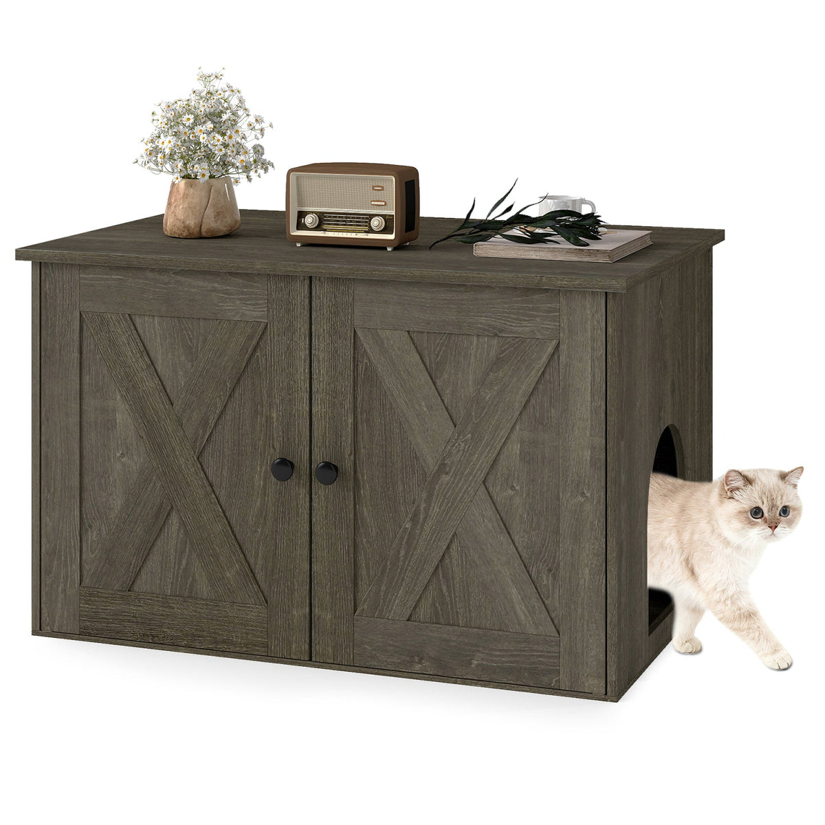Furniture Cat House and Litter Box Enclosure with 2-Wooden Doors  - Cat -  (White, Oak)