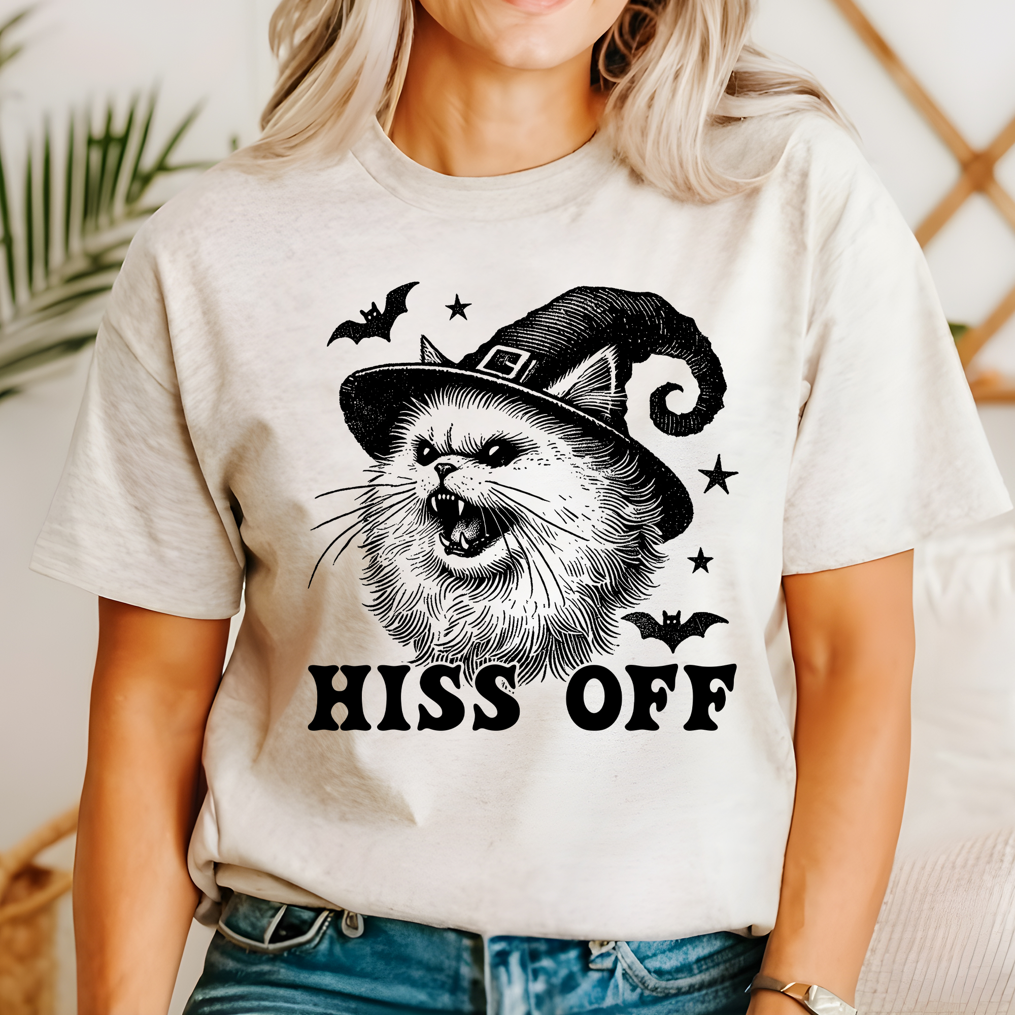 "Hiss Off "Halloween Witch Cat Graphic Montage Tee - (S-3X) - (Lt. Cream) - Ladies