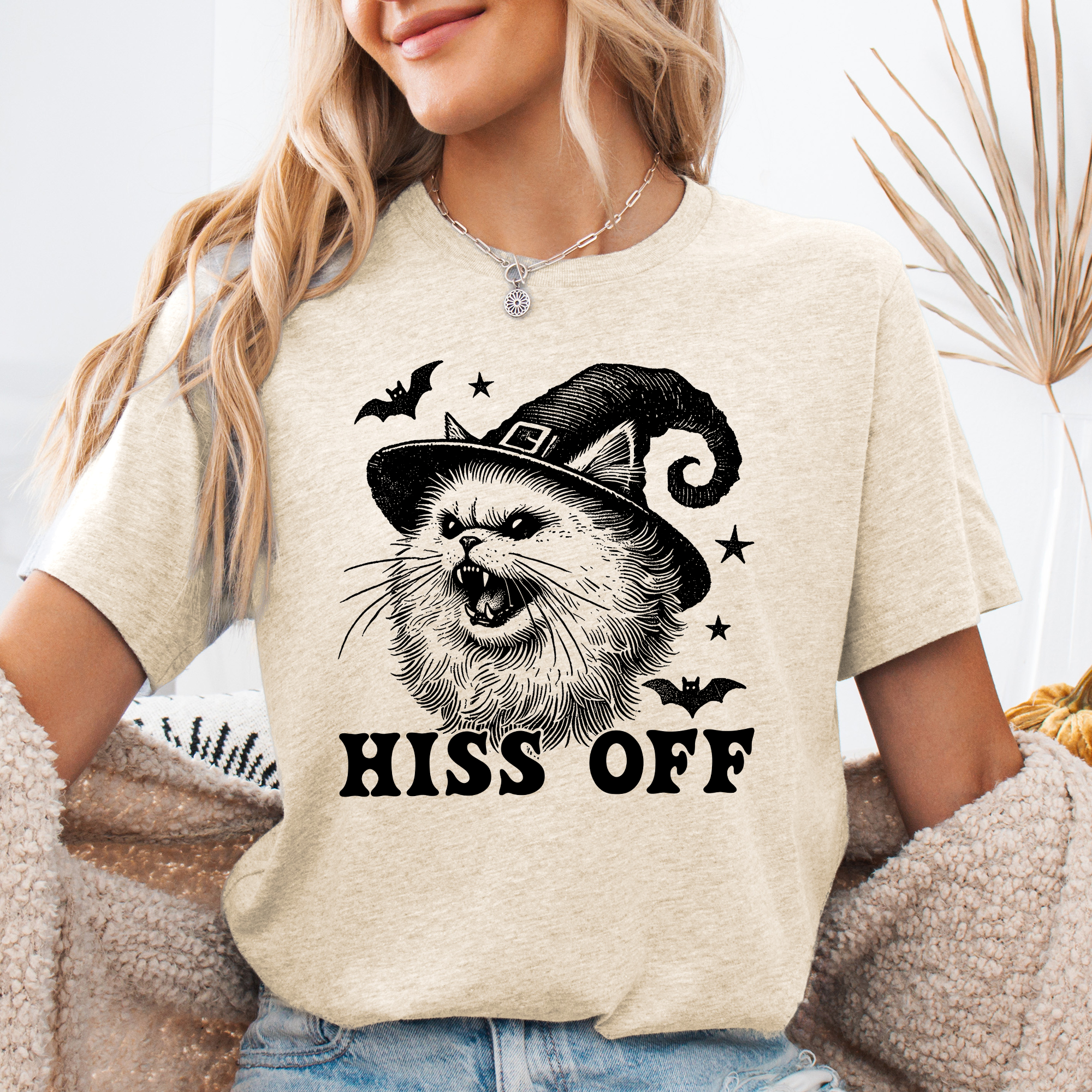 "Hiss Off "Halloween Witch Cat Graphic Montage Tee - (S-3X) - (Lt. Cream) - Ladies