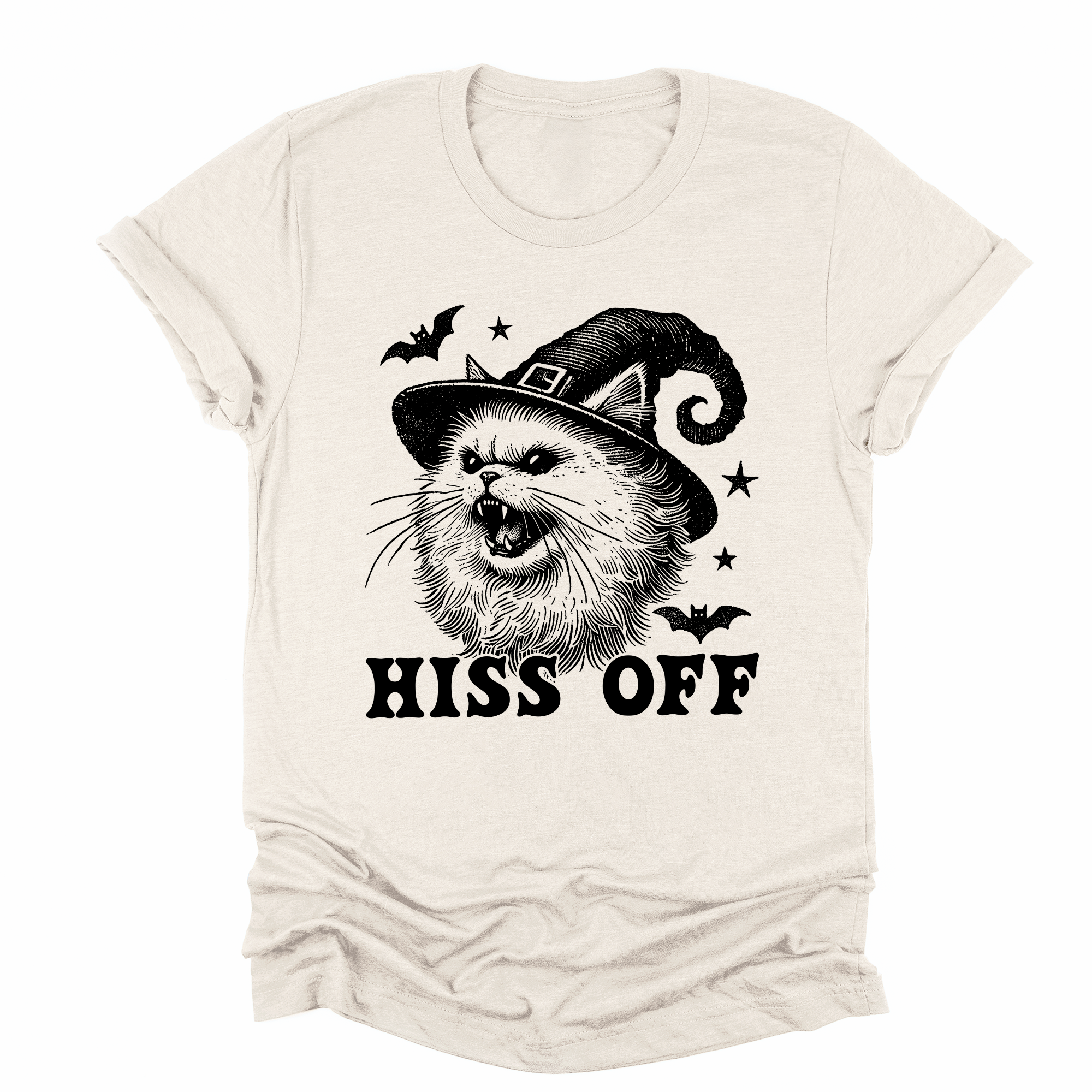 "Hiss Off "Halloween Witch Cat Graphic Montage Tee - (S-3X) - (Lt. Cream) - Ladies