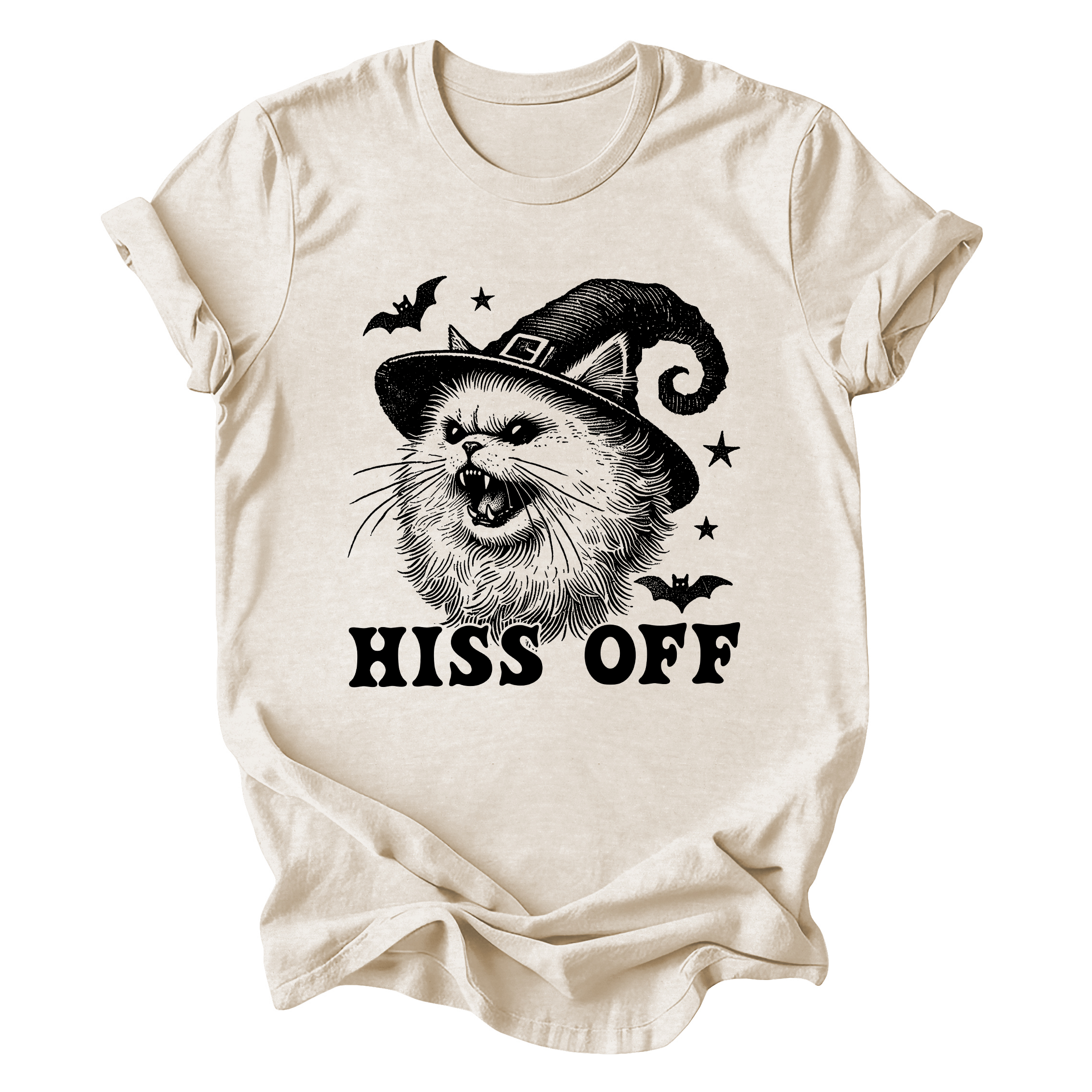 "Hiss Off "Halloween Witch Cat Graphic Montage Tee - (S-3X) - (Lt. Cream) - Ladies