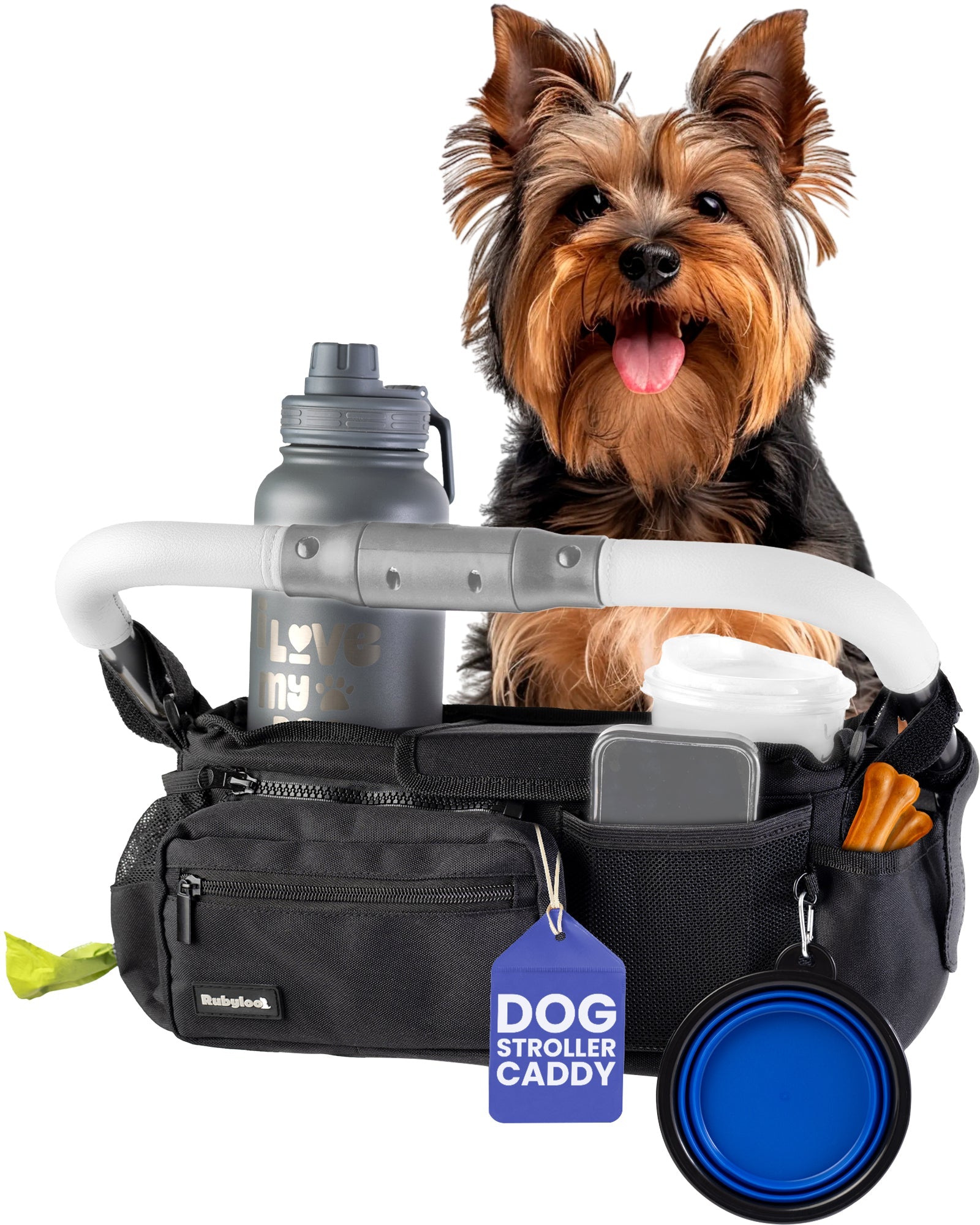 Pet Stroller Organizer Caddy Bag - Dog Cat - (Black, Paw Print)