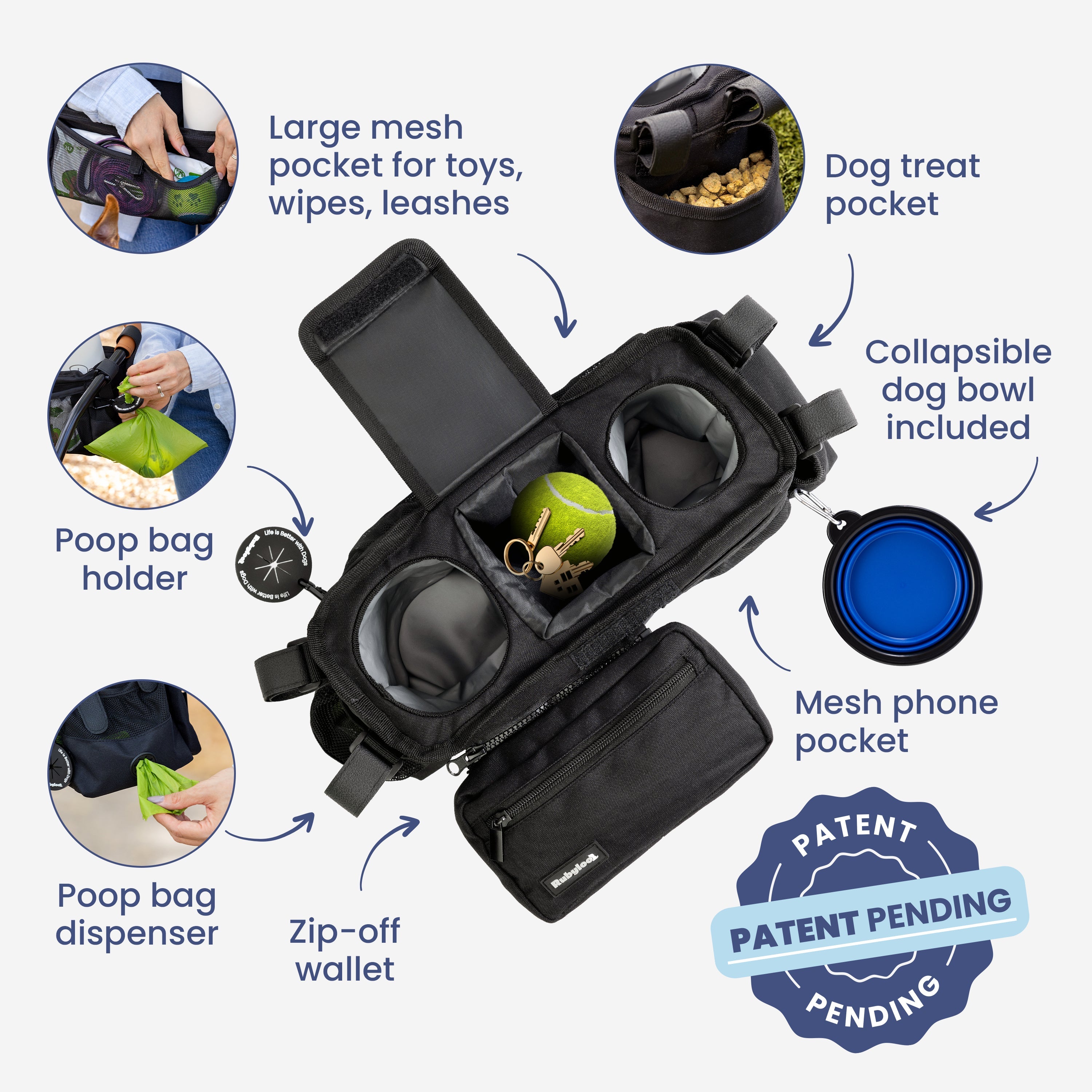Pet Stroller Organizer Caddy Bag - Dog Cat - (Black, Paw Print)