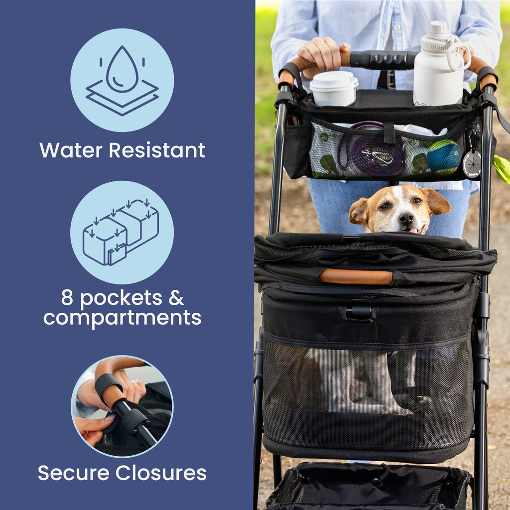 Pet Stroller Organizer Caddy Bag - Dog Cat - (Black, Paw Print)