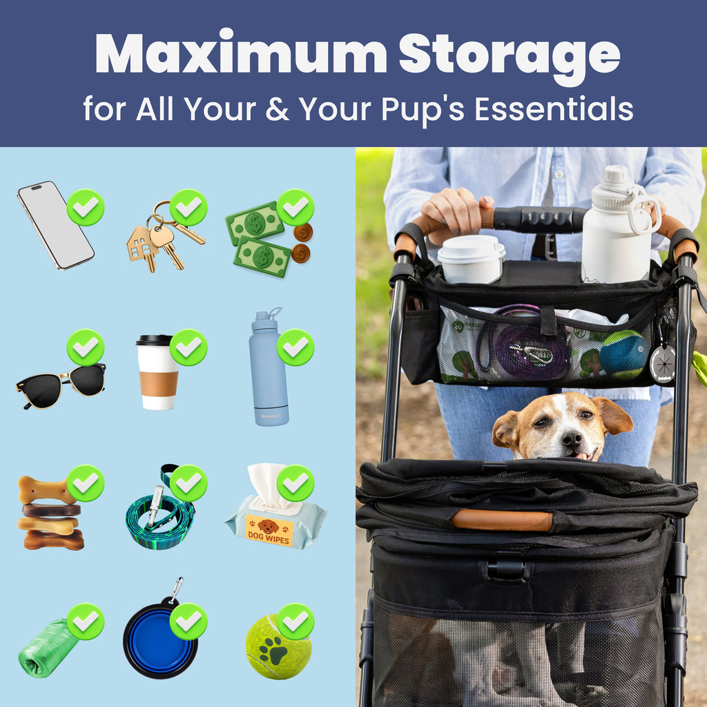 Pet Stroller Organizer Caddy Bag - Dog Cat - (Black, Paw Print)
