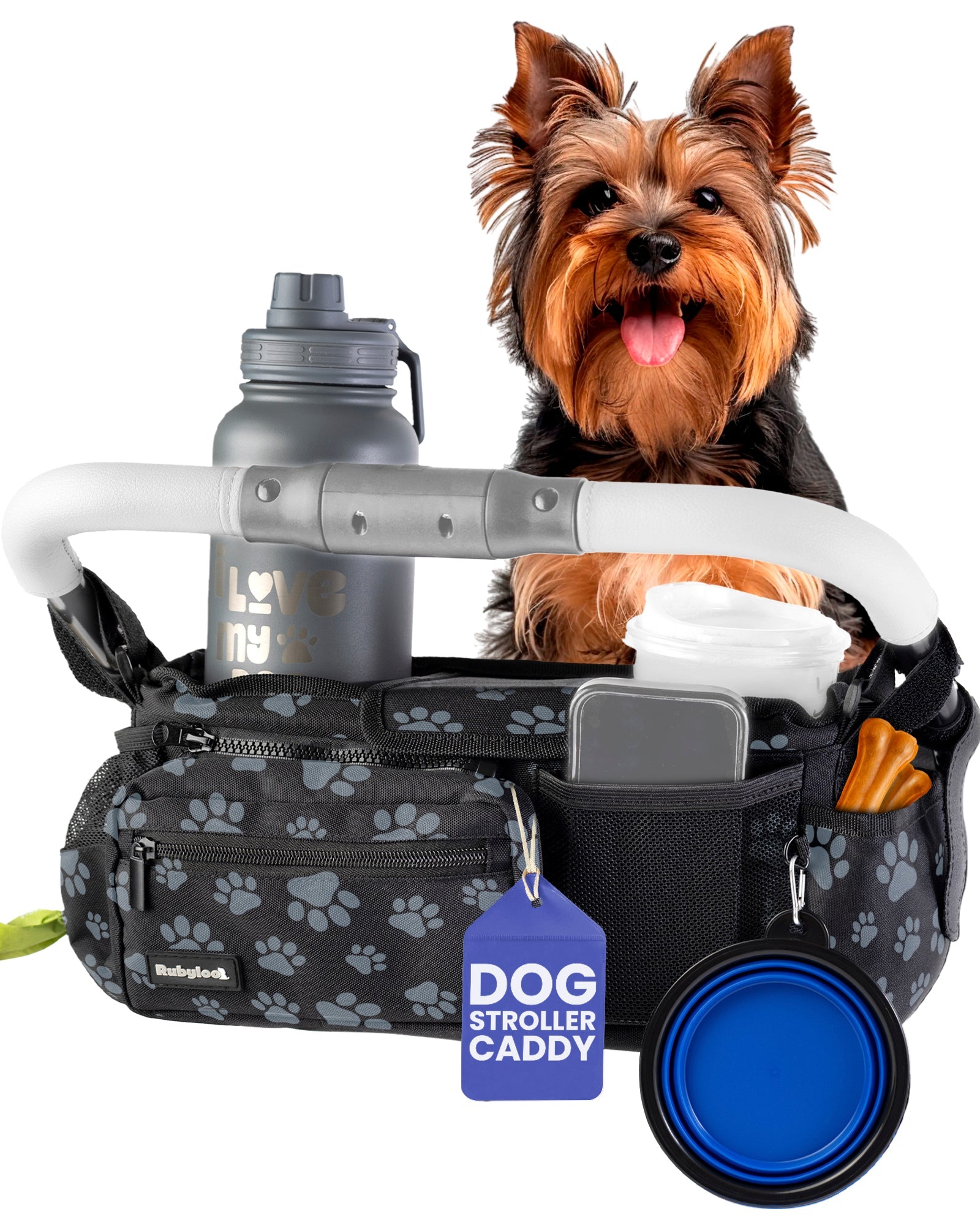 Pet Stroller Organizer Caddy Bag - Dog Cat - (Black, Paw Print)