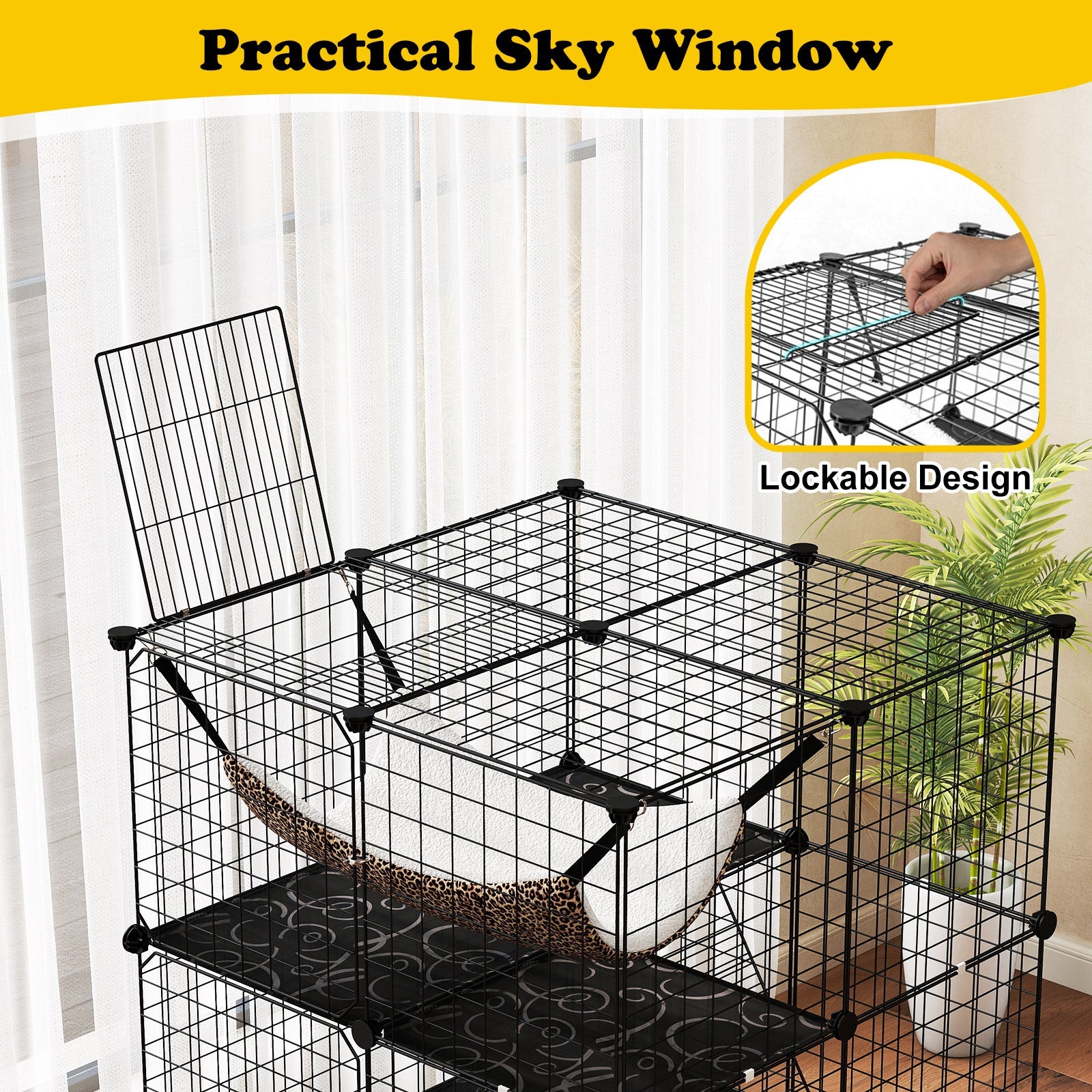 Indoor Cat Cage 3-Tier Cat Enclosure Detachable Metal Wire Kennel-Black
