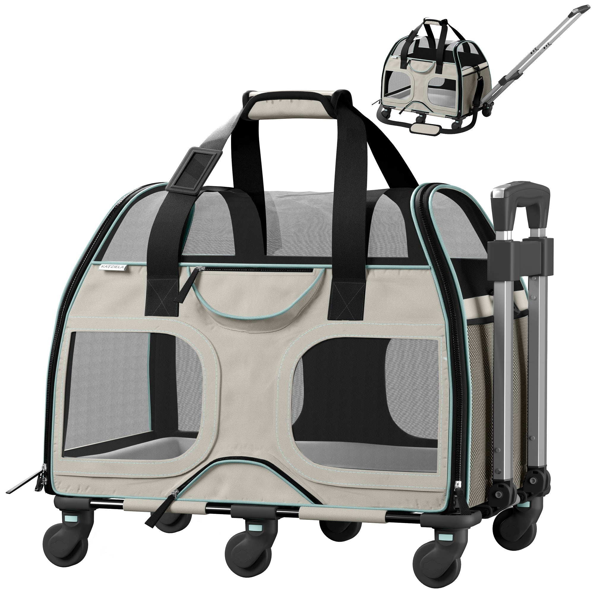 Airline Approved Luxury Pet Carrier with Removable Wheels and Telescopic Handle - Cat Dog - (8 Color Options) - (Katziela)