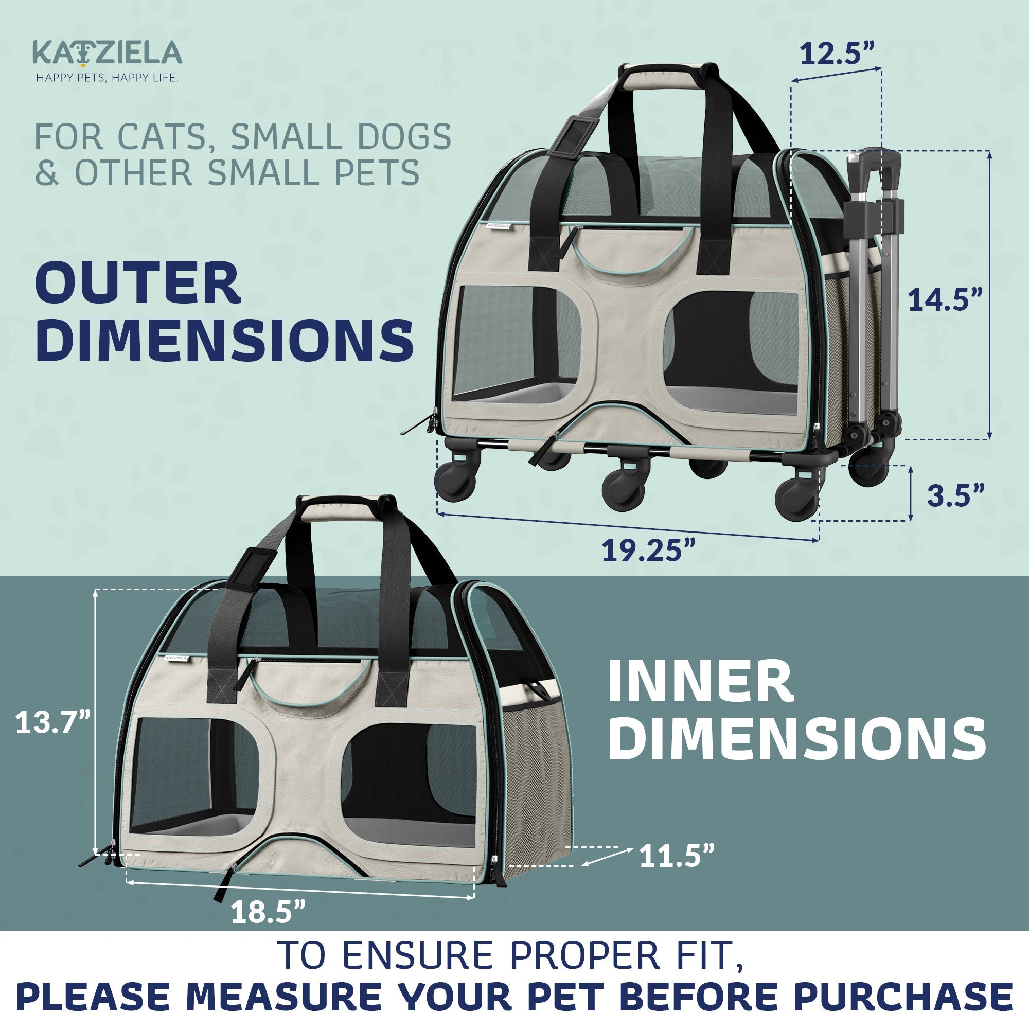 Airline Approved Luxury Pet Carrier with Removable Wheels and Telescopic Handle - Cat Dog - (8 Color Options) - (Katziela)
