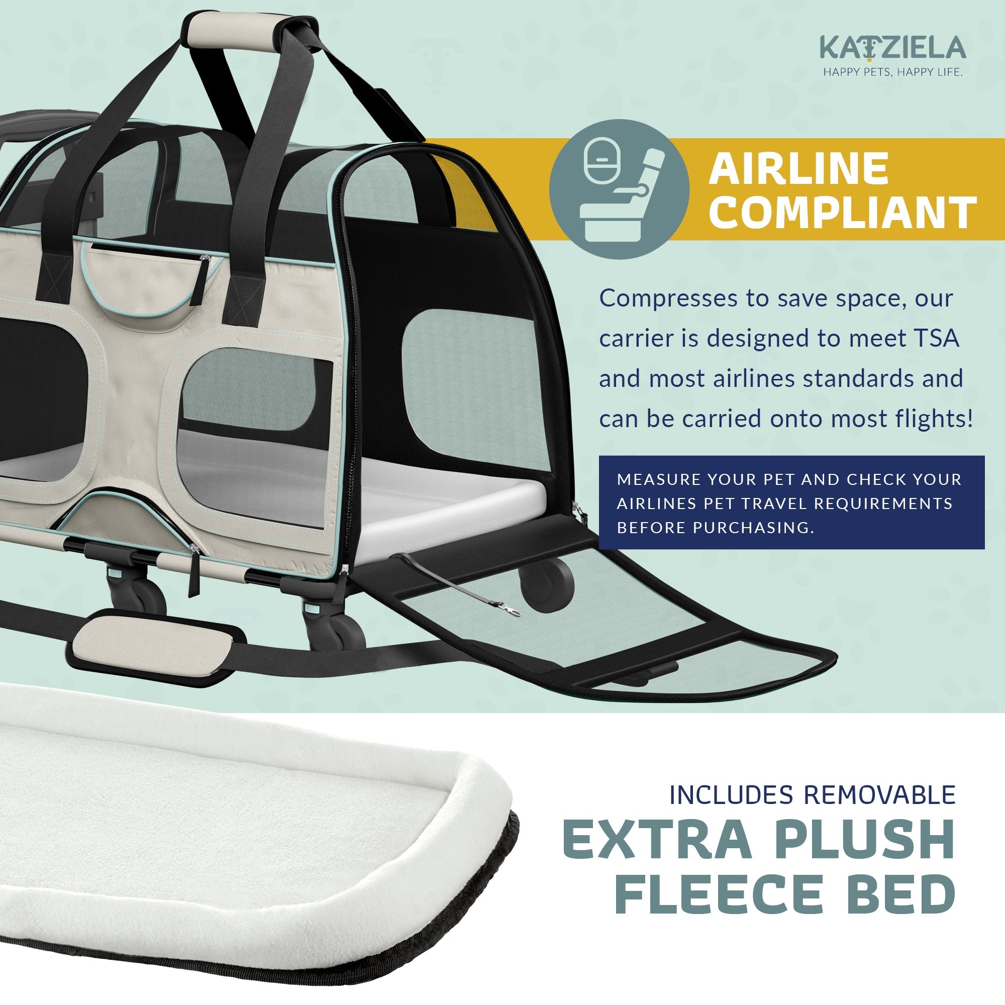 Airline Approved Luxury Pet Carrier with Removable Wheels and Telescopic Handle - Cat Dog - (8 Color Options) - (Katziela)