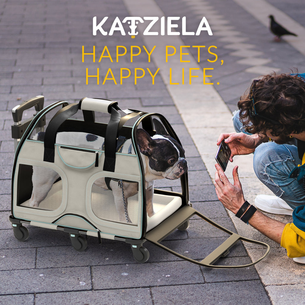 Airline Approved Luxury Pet Carrier with Removable Wheels and Telescopic Handle - Cat Dog - (8 Color Options) - (Katziela)