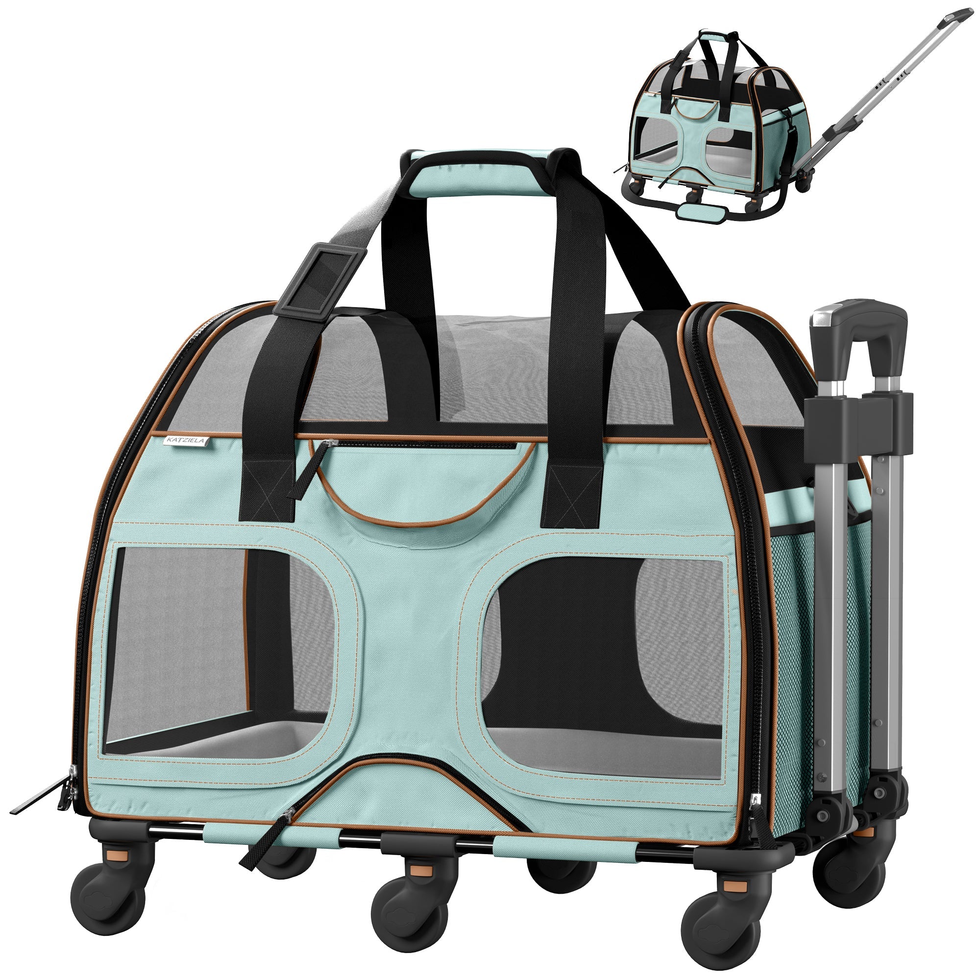 Airline Approved Luxury Pet Carrier with Removable Wheels and Telescopic Handle - Cat Dog - (8 Color Options) - (Katziela)