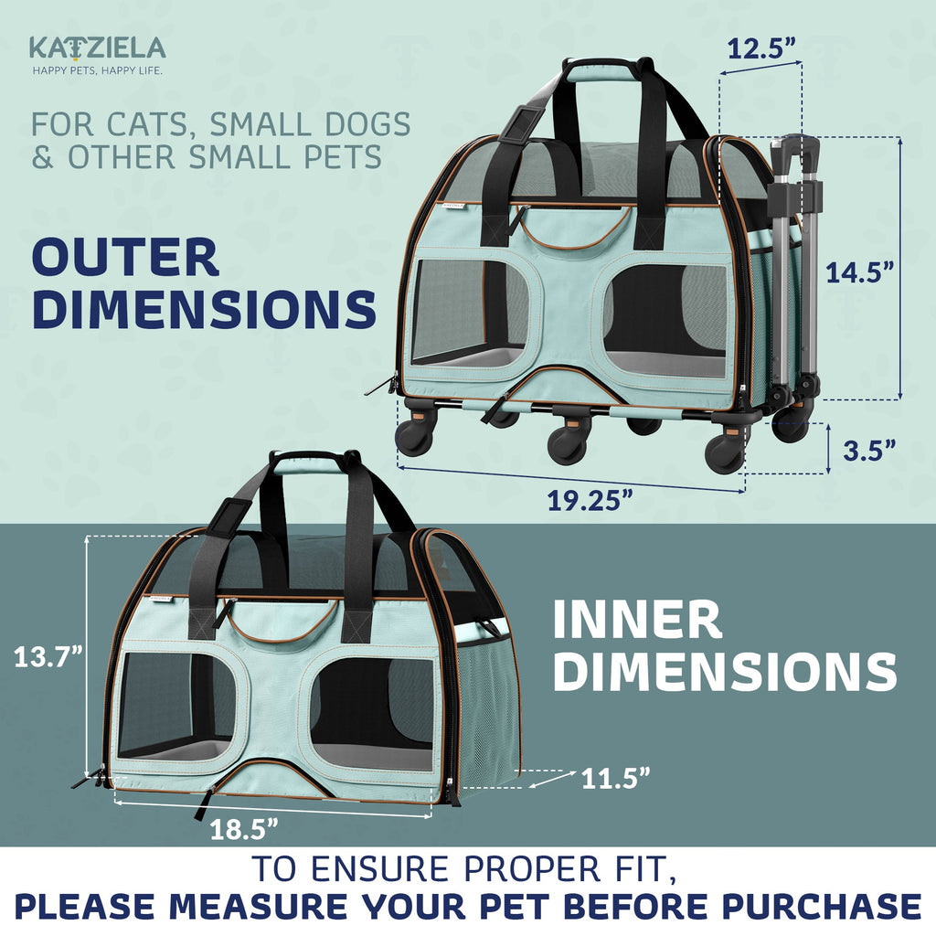Airline Approved Luxury Pet Carrier with Removable Wheels and Telescopic Handle - Cat Dog - (8 Color Options) - (Katziela)