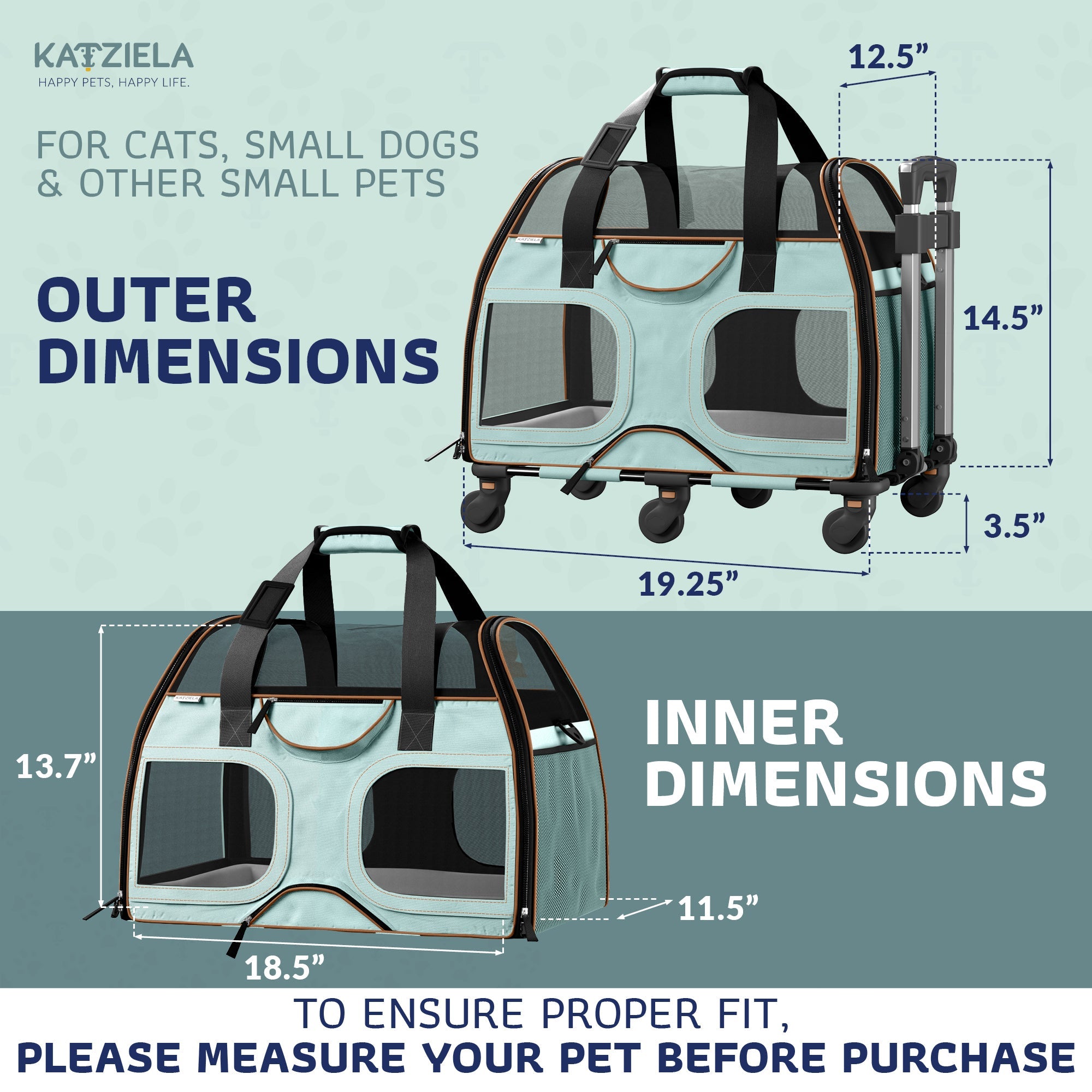 Airline Approved Luxury Pet Carrier with Removable Wheels and Telescopic Handle - Cat Dog - (8 Color Options) - (Katziela)