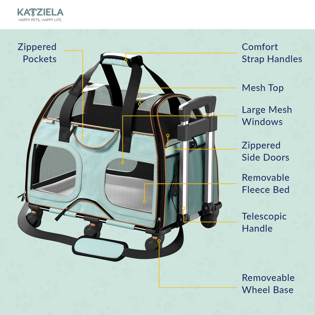 Airline Approved Luxury Pet Carrier with Removable Wheels and Telescopic Handle - Cat Dog - (8 Color Options) - (Katziela)