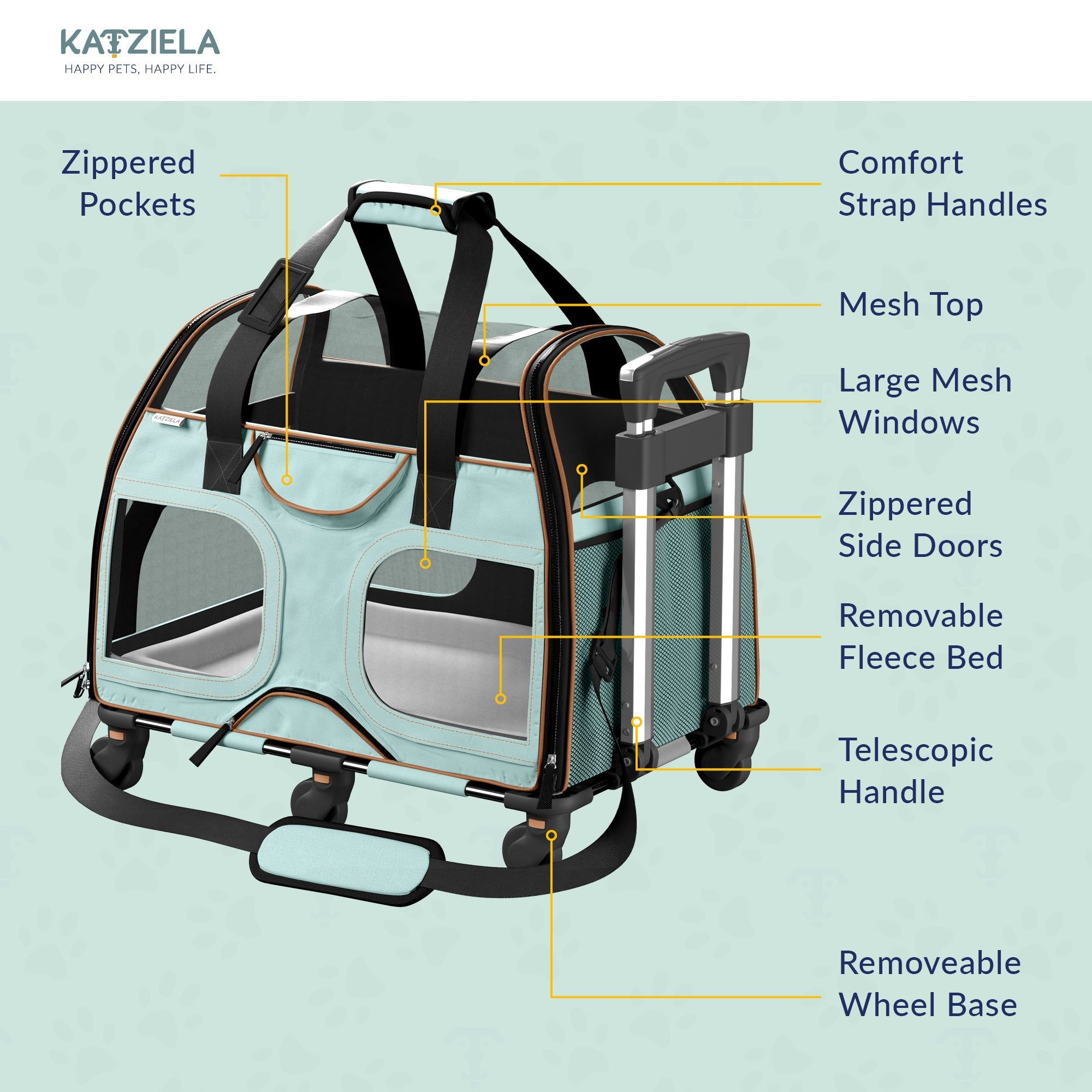 Airline Approved Luxury Pet Carrier with Removable Wheels and Telescopic Handle - Cat Dog - (8 Color Options) - (Katziela)