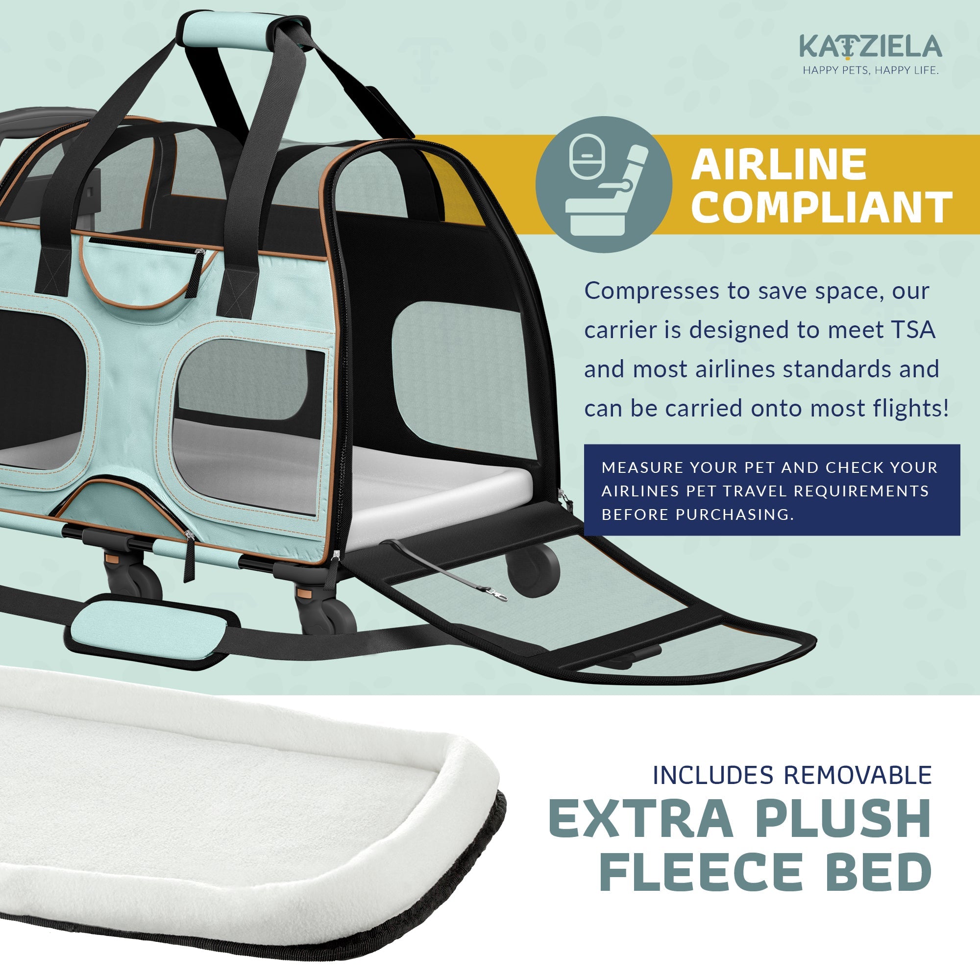 Airline Approved Luxury Pet Carrier with Removable Wheels and Telescopic Handle - Cat Dog - (8 Color Options) - (Katziela)