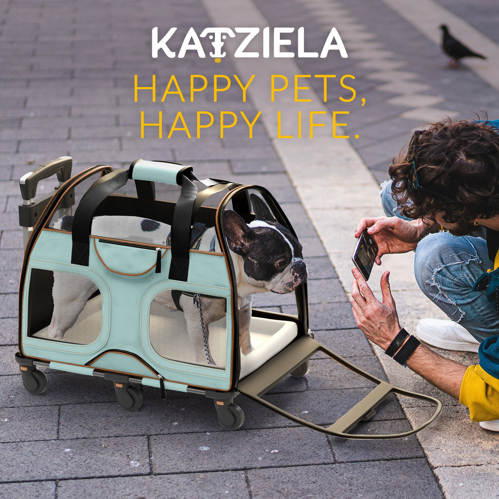 Airline Approved Luxury Pet Carrier with Removable Wheels and Telescopic Handle - Cat Dog - (8 Color Options) - (Katziela)