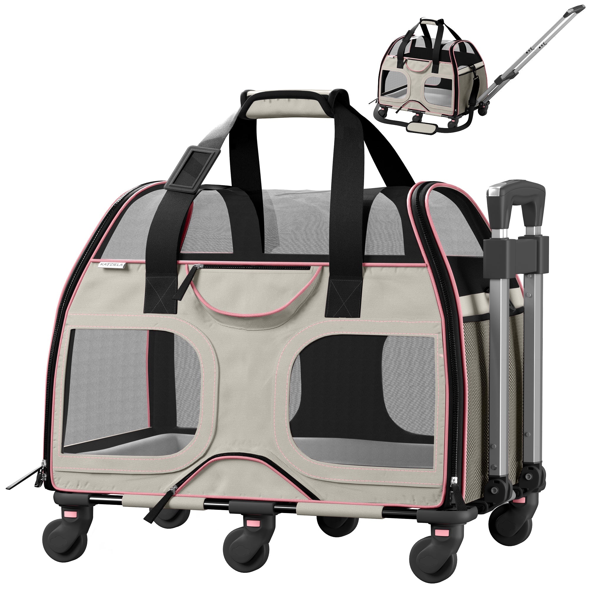 Airline Approved Luxury Pet Carrier with Removable Wheels and Telescopic Handle - Cat Dog - (8 Color Options) - (Katziela)