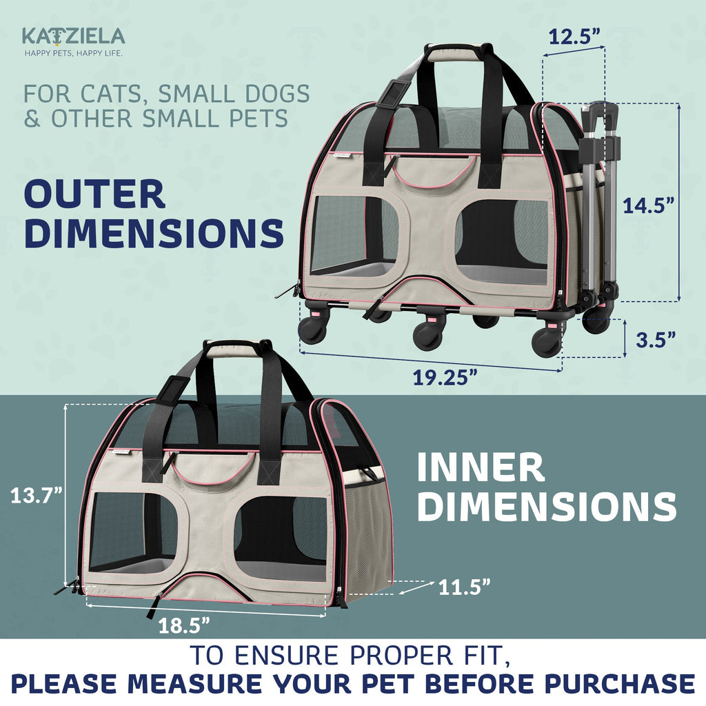 Airline Approved Luxury Pet Carrier with Removable Wheels and Telescopic Handle - Cat Dog - (8 Color Options) - (Katziela)