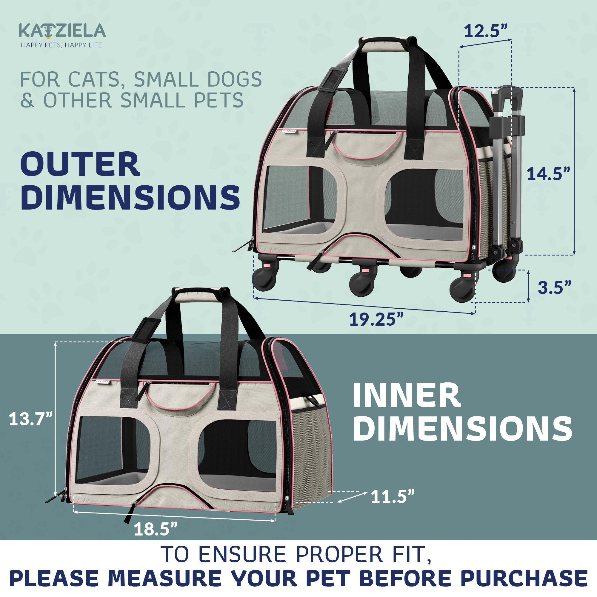 Airline Approved Luxury Pet Carrier with Removable Wheels and Telescopic Handle - Cat Dog - (8 Color Options) - (Katziela)