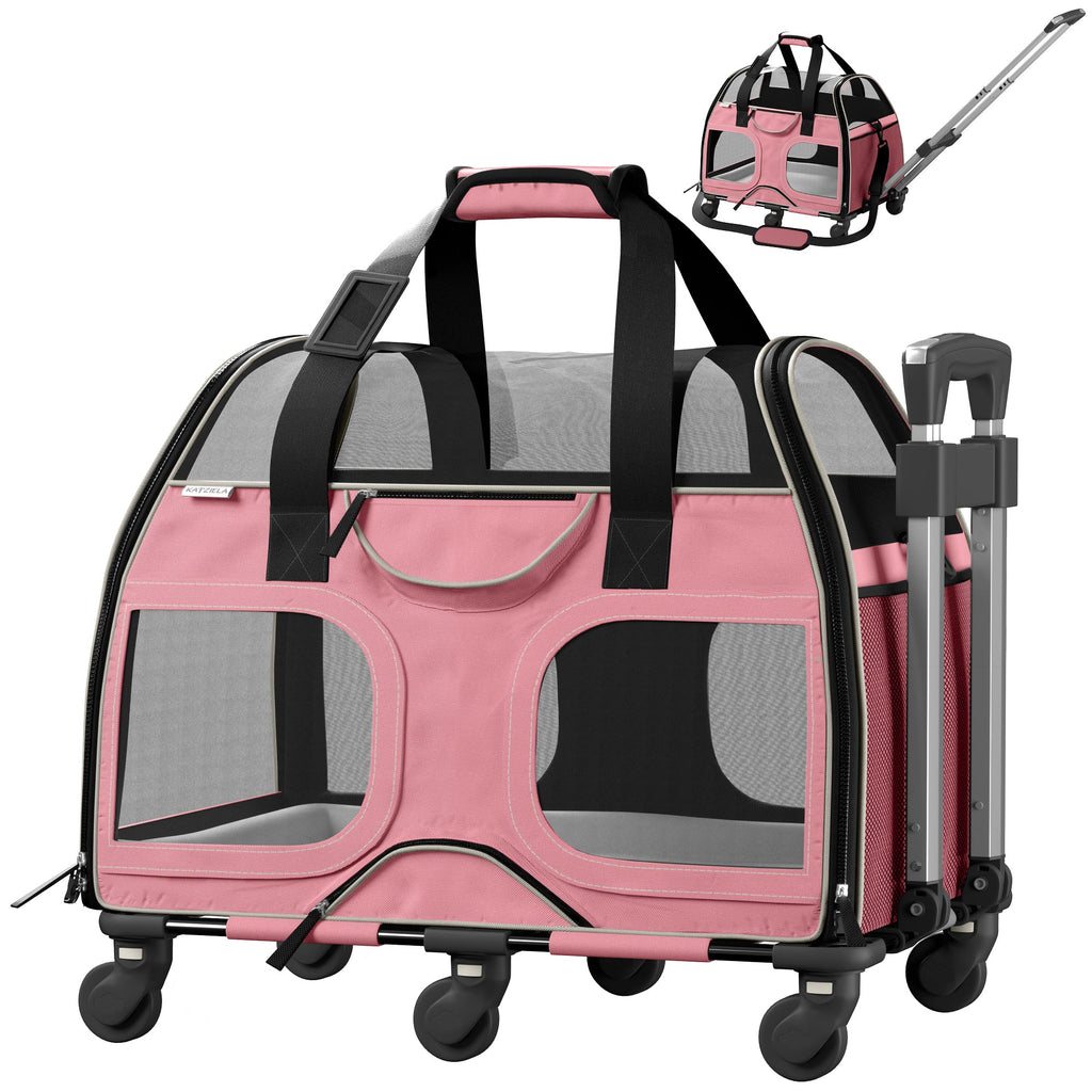 Airline Approved Luxury Pet Carrier with Removable Wheels and Telescopic Handle - Cat Dog - (8 Color Options) - (Katziela)