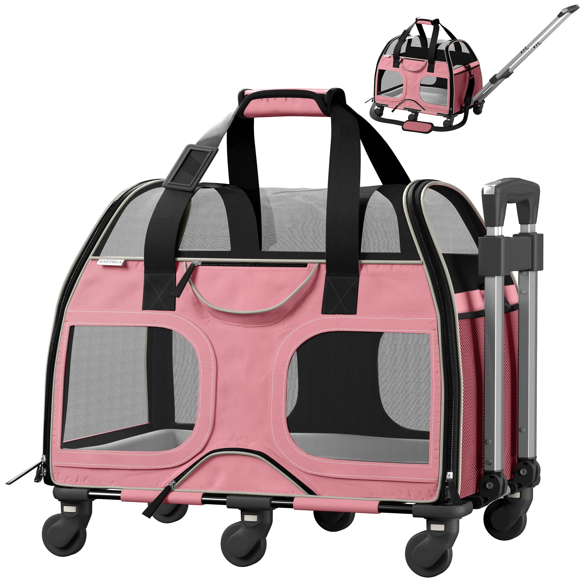 Airline Approved Luxury Pet Carrier with Removable Wheels and Telescopic Handle - Cat Dog - (8 Color Options) - (Katziela)