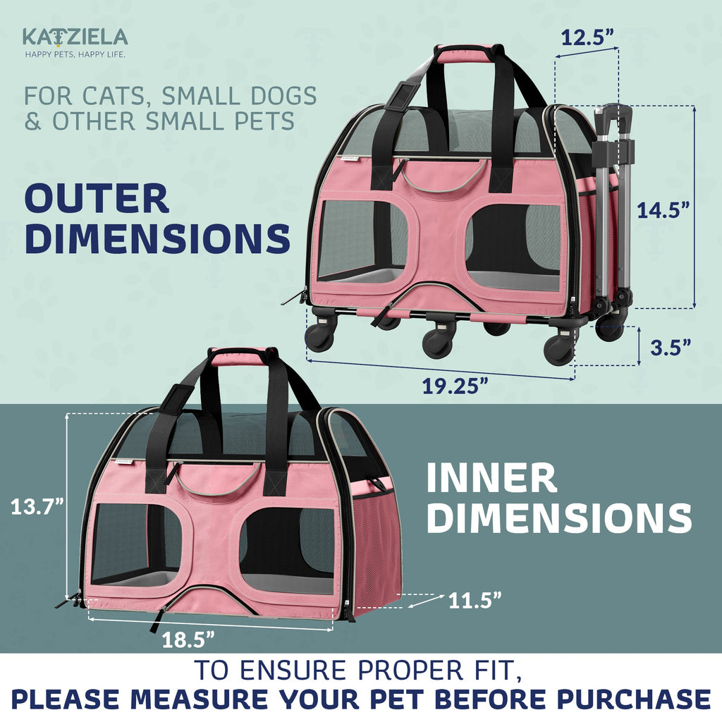 Airline Approved Luxury Pet Carrier with Removable Wheels and Telescopic Handle - Cat Dog - (8 Color Options) - (Katziela)