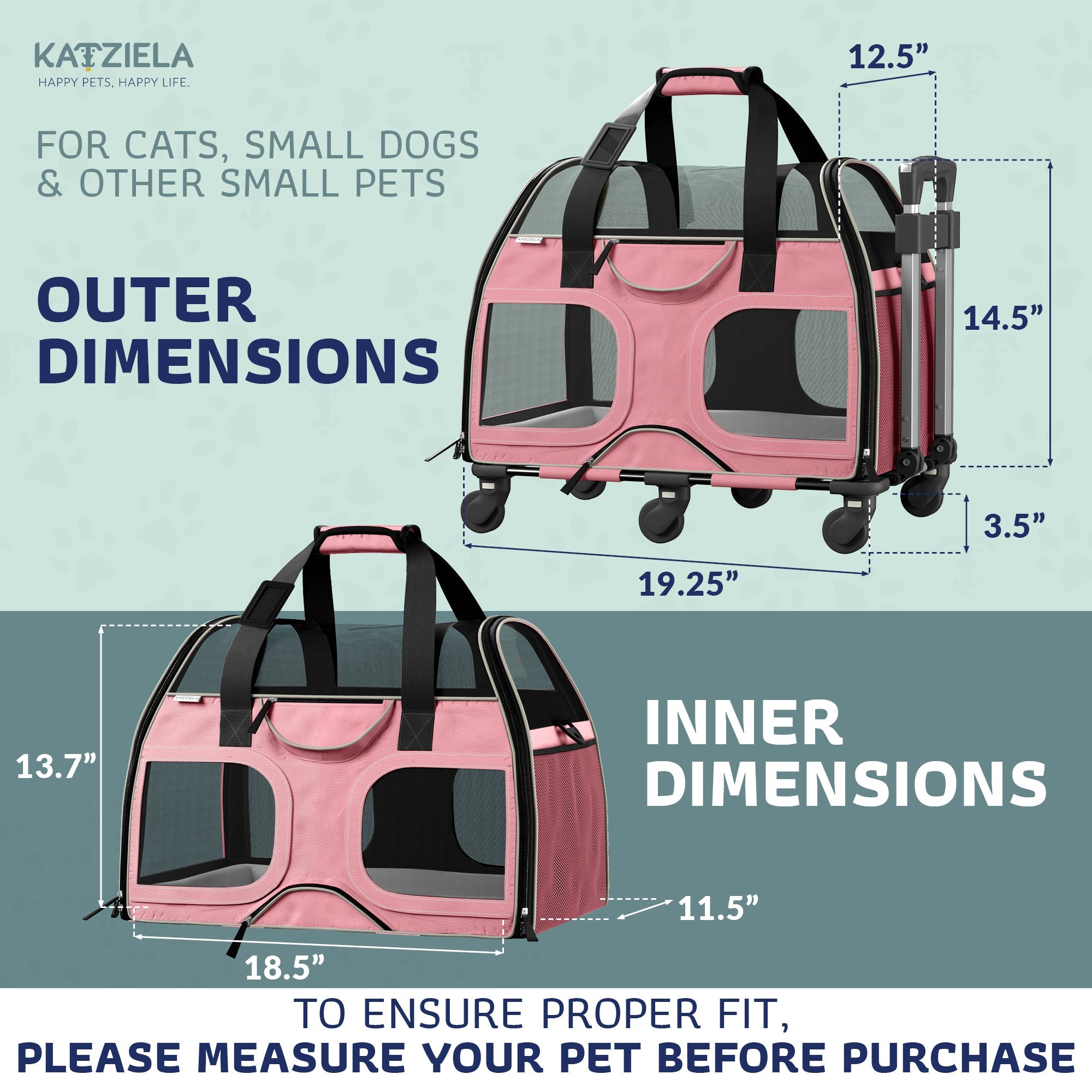 Airline Approved Luxury Pet Carrier with Removable Wheels and Telescopic Handle - Cat Dog - (8 Color Options) - (Katziela)
