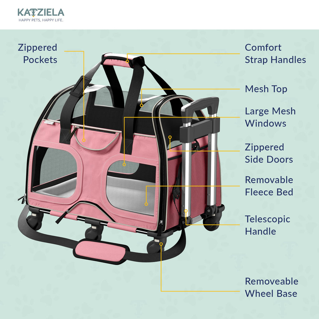 Airline Approved Luxury Pet Carrier with Removable Wheels and Telescopic Handle - Cat Dog - (8 Color Options) - (Katziela)