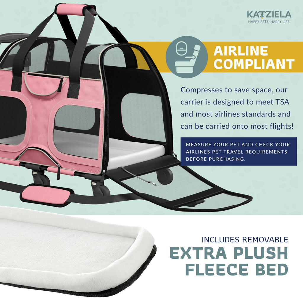 Airline Approved Luxury Pet Carrier with Removable Wheels and Telescopic Handle - Cat Dog - (8 Color Options) - (Katziela)