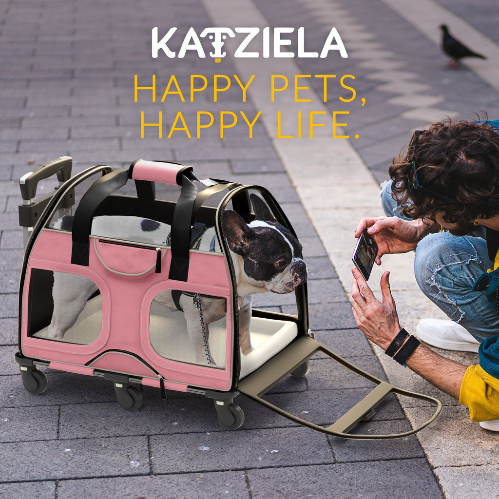 Airline Approved Luxury Pet Carrier with Removable Wheels and Telescopic Handle - Cat Dog - (8 Color Options) - (Katziela)