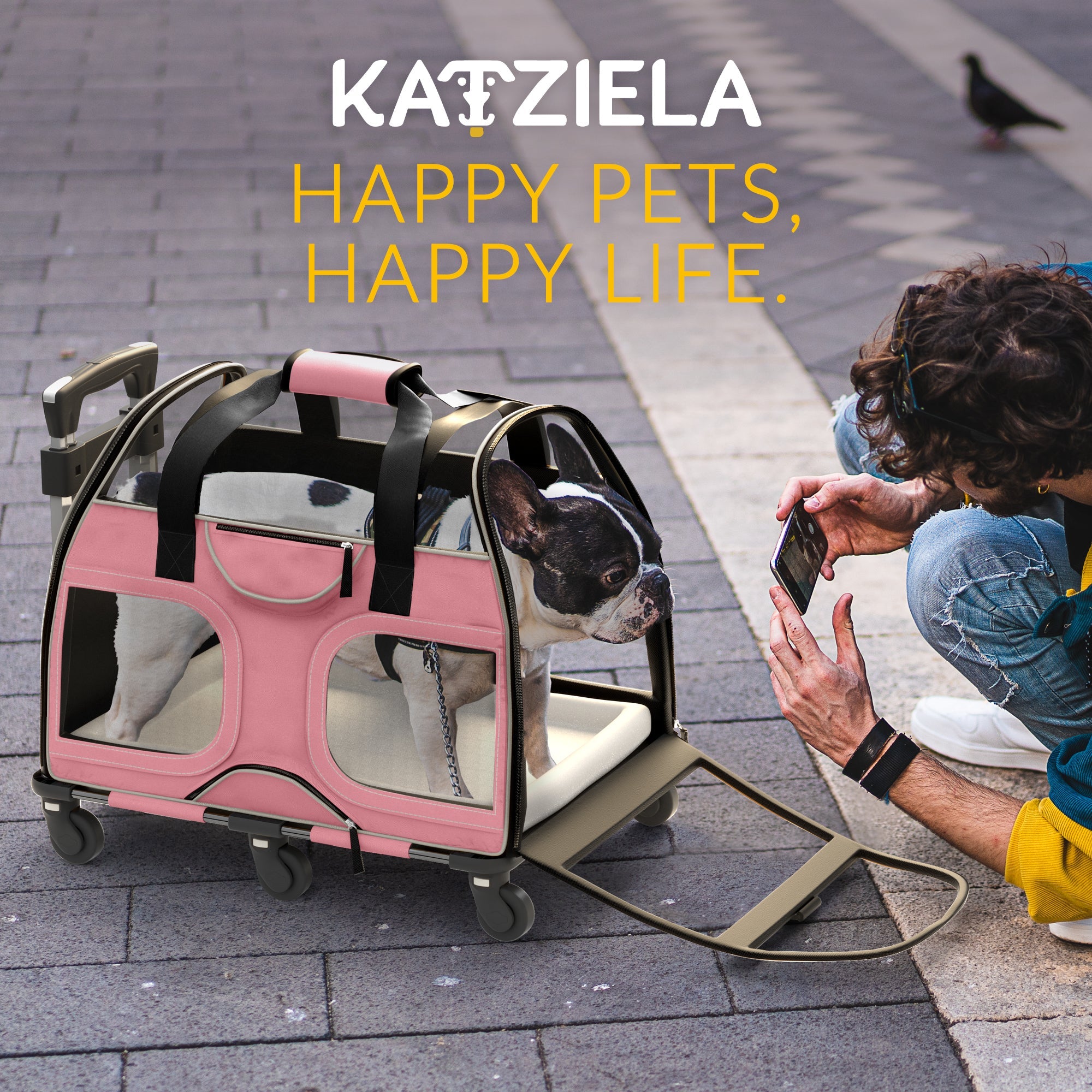 Airline Approved Luxury Pet Carrier with Removable Wheels and Telescopic Handle - Cat Dog - (8 Color Options) - (Katziela)