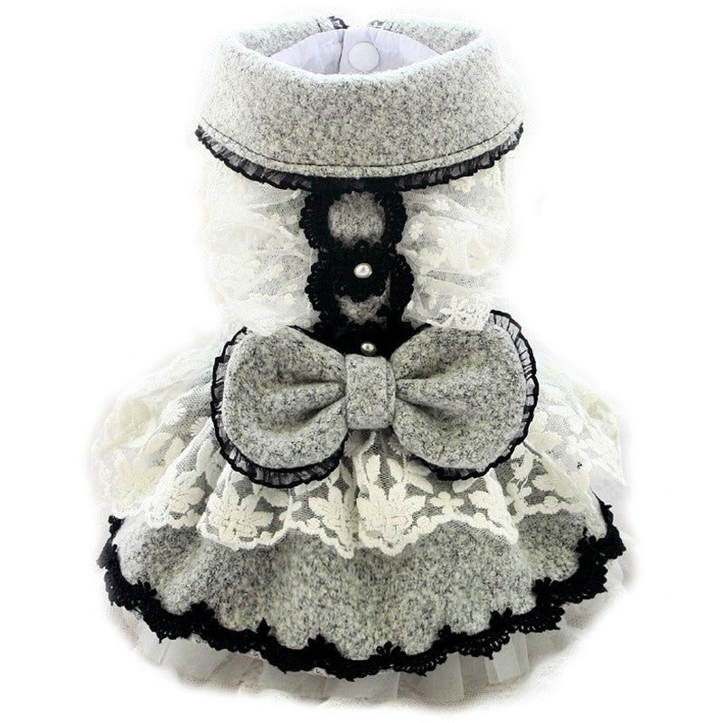 Chic Grey Lace and Wool Coat Dress with Black Accent Trim -  Dog - (XS-XXL) and Customizable - (Grey) - (While Supplies Last)