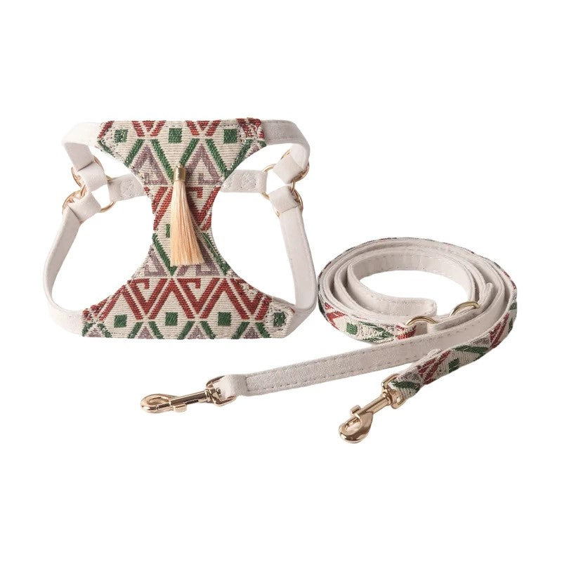 Adjustable Geometric Tribal Design Harness and Leash Set - (Pink, Beige) - (2XS-M) - Dog -  (While Supplies Last)