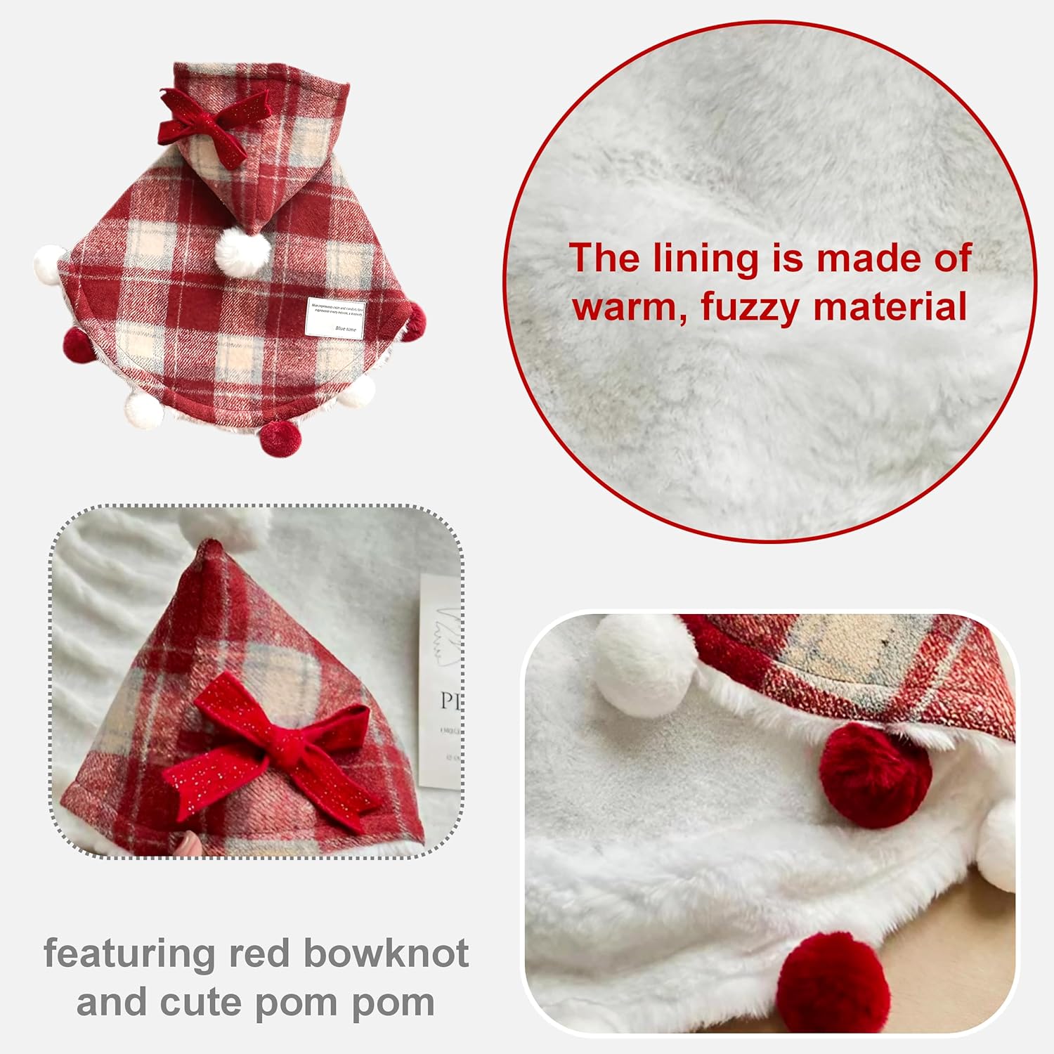 Hooded Plaid Cape Lined with Sherpa,and Pom-Pom Accents - Dog Cat - (M-XL) - (While Supplies Last)