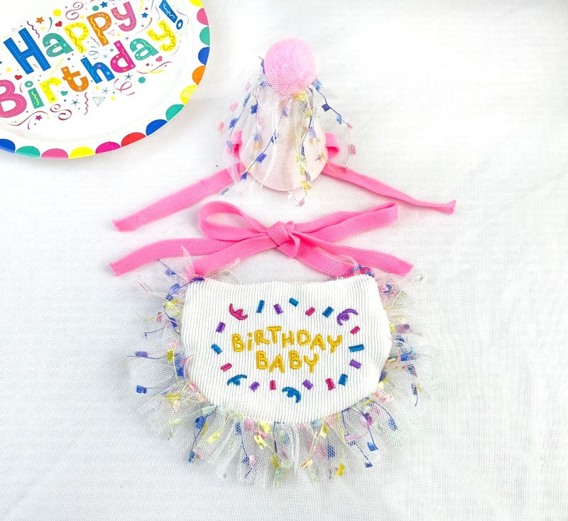 Happy Birthday Party Cone Hat + Bib Set (White with Pink Ribbon)  (While Supplies Last)