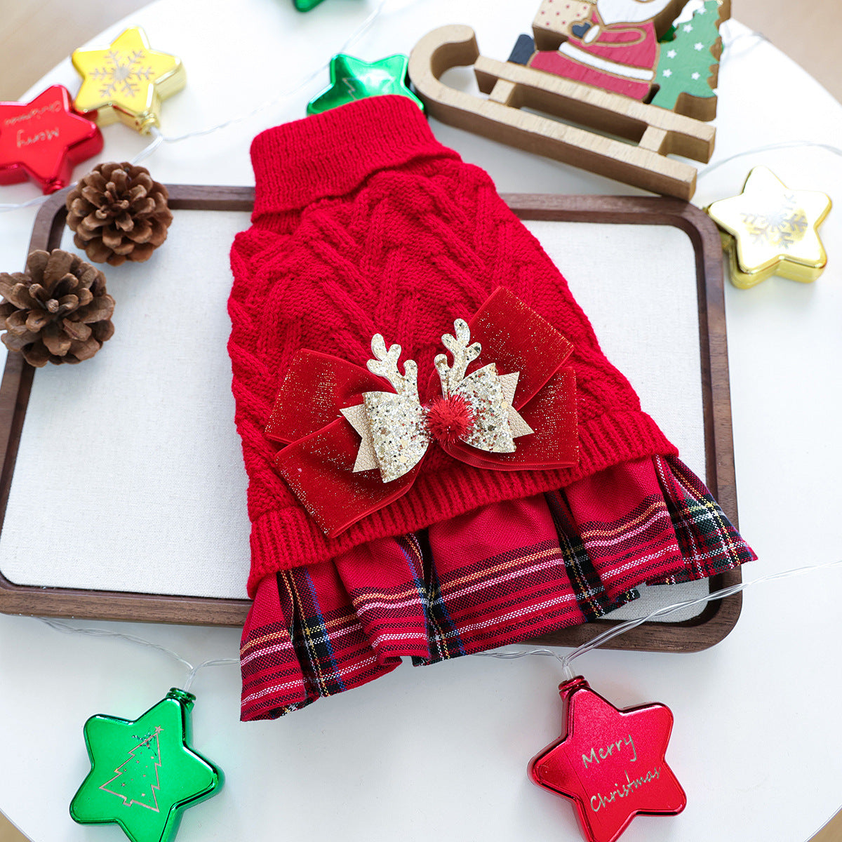 Plaid Christmas Sweater Dress with an Accent Bow - Dog Cat - (Red) - (XS-XL) - (While Supplies Last)
