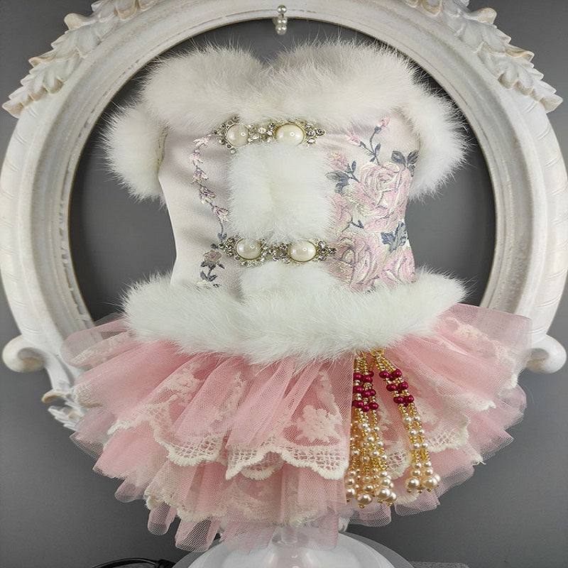 Vintage Faux Fur Coat Dress with Lace and Tulle Skirt - Cat (L) - (White, Floral) - (While Supplies Last)