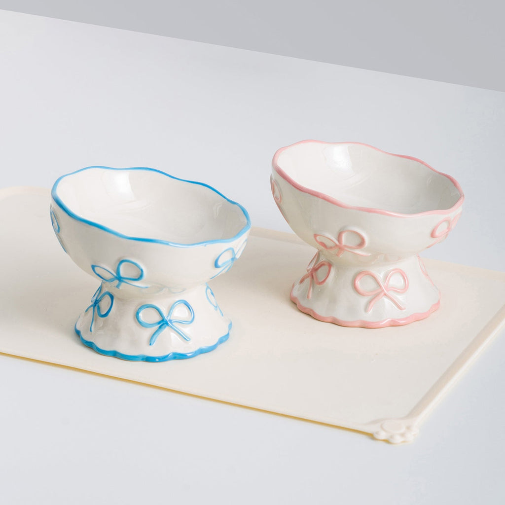 Elevated White Ceramic Bowl with Bow Accent - Dog Cat - (Blue, Pink) - (While Supplies Last)