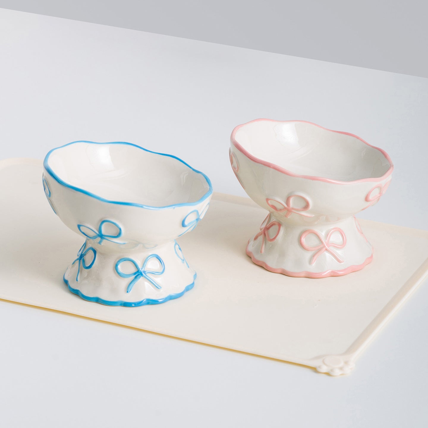 Elevated White Ceramic Bowl with Bow Accent - Dog Cat - (Blue, Pink) - (While Supplies Last)