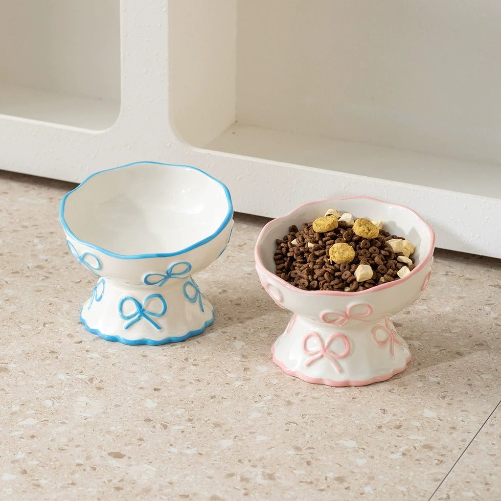 Elevated White Ceramic Bowl with Bow Accent - Dog Cat - (Blue, Pink) - (While Supplies Last)