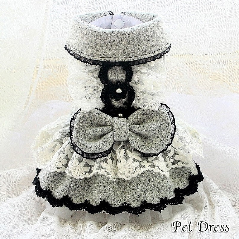 Chic Grey Lace and Wool Coat Dress with Black Accent Trim -  Dog - (XS-XXL) and Customizable - (Grey) - (While Supplies Last)