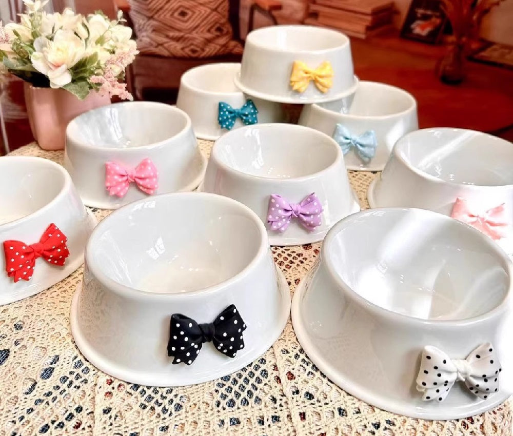 White Ceramic Bowl with Colored Bow Tie Accent - Dog Cat - (Pink, Green, Yellow) - (While Supplies Last)