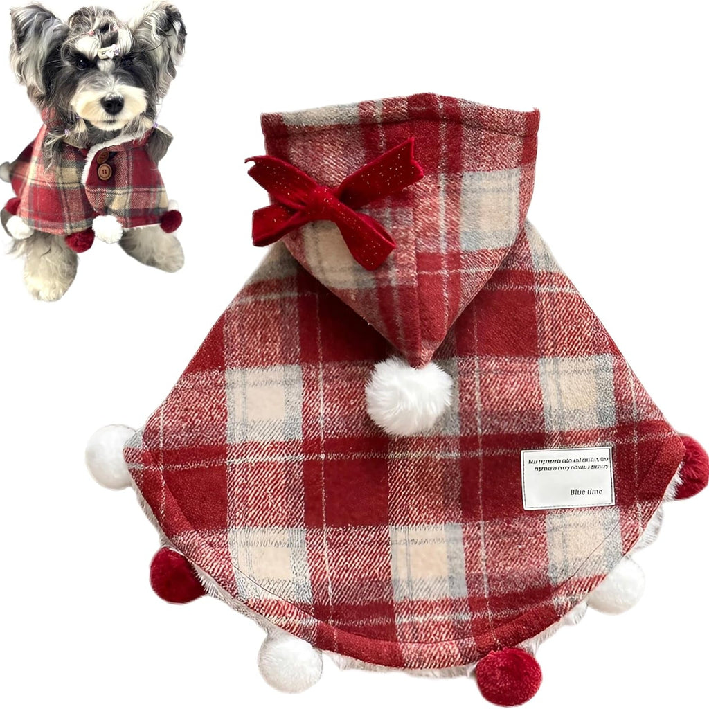 Hooded Plaid Cape Lined with Sherpa,and Pom-Pom Accents - Dog Cat - (M-XL) - (While Supplies Last)