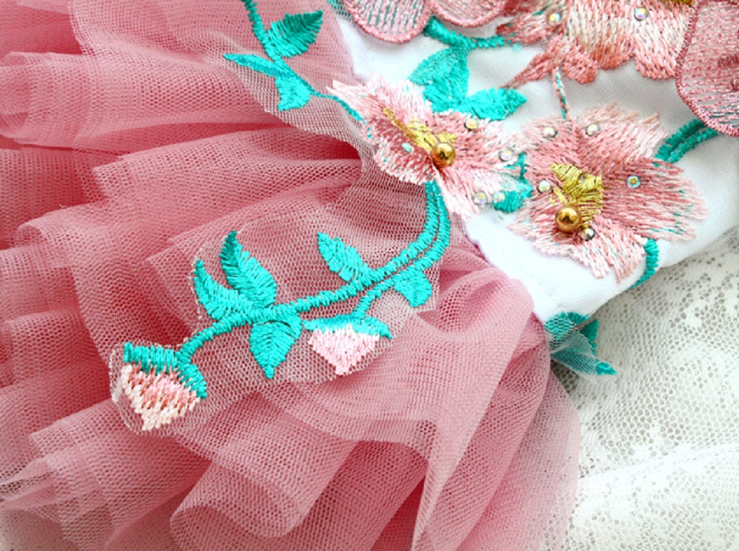 Light Silk Embroidery Floral Tulle Dress - Dog Cat - (Pink) - (S-XXL) - (While Supplies Last)