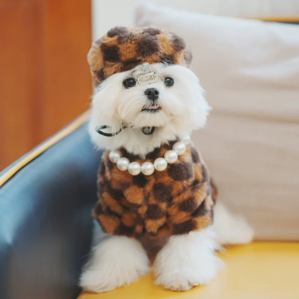 Plush Checkered Faux Fur Coat and Hat Set - Dog - (S-XL)  - (While Supplies Last)