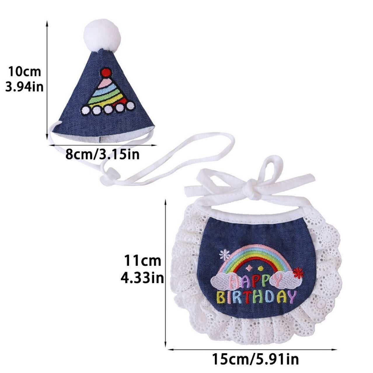 Navy Blue and White Birthday Cone Hat+Bib Set - Dog Cat  (While Supplies Last)