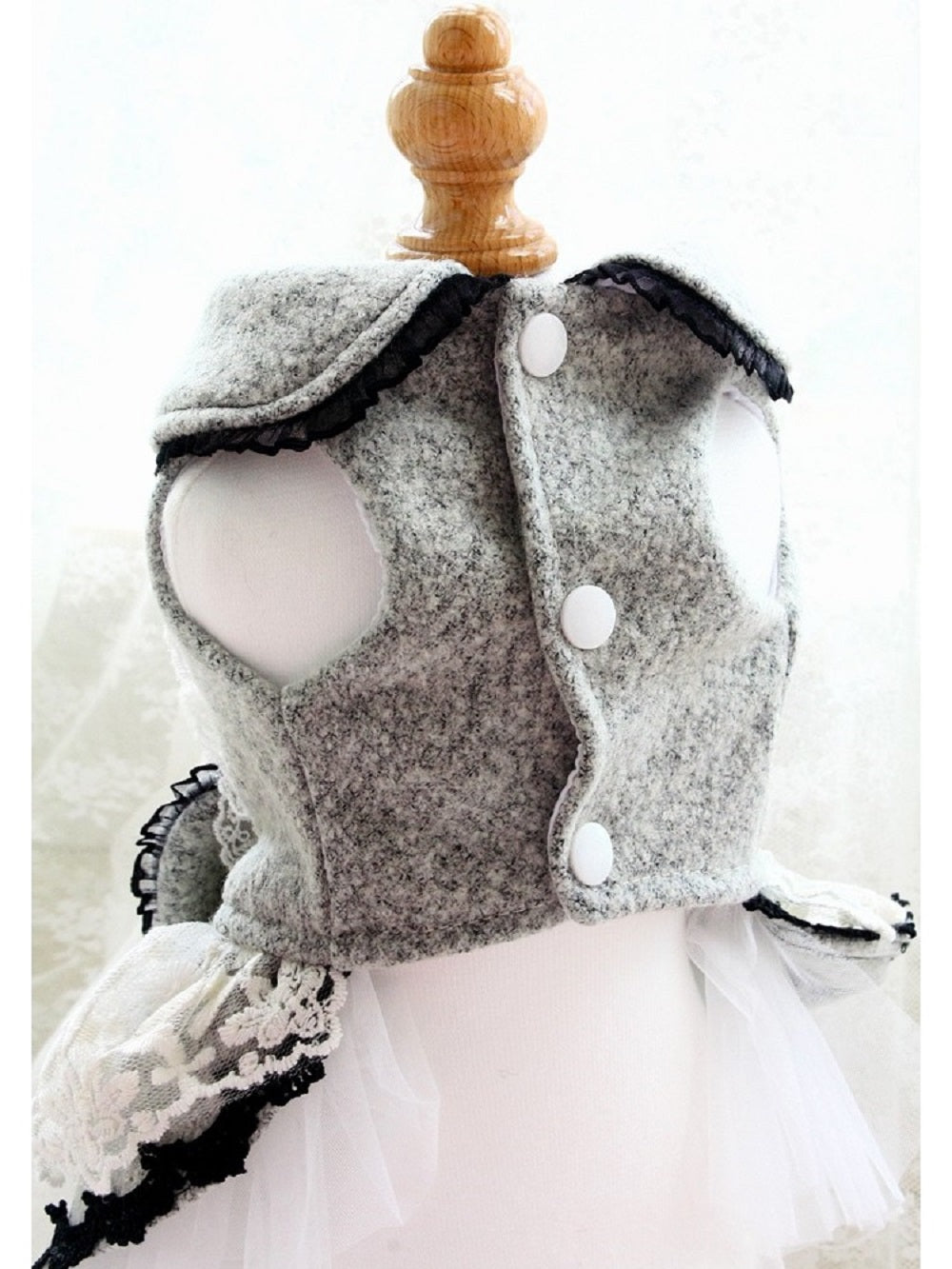 Chic Grey Lace and Wool Coat Dress with Black Accent Trim -  Dog - (XS-XXL) and Customizable - (Grey) - (While Supplies Last)